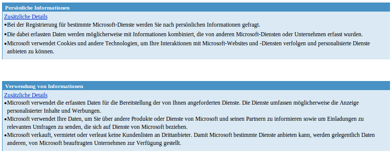 Auszug aus Microsoft-Online-Datenschutzbestimmungen