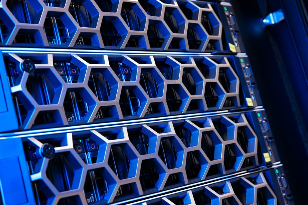 Illuminated Blue Server Hardware In Modern Datacenter