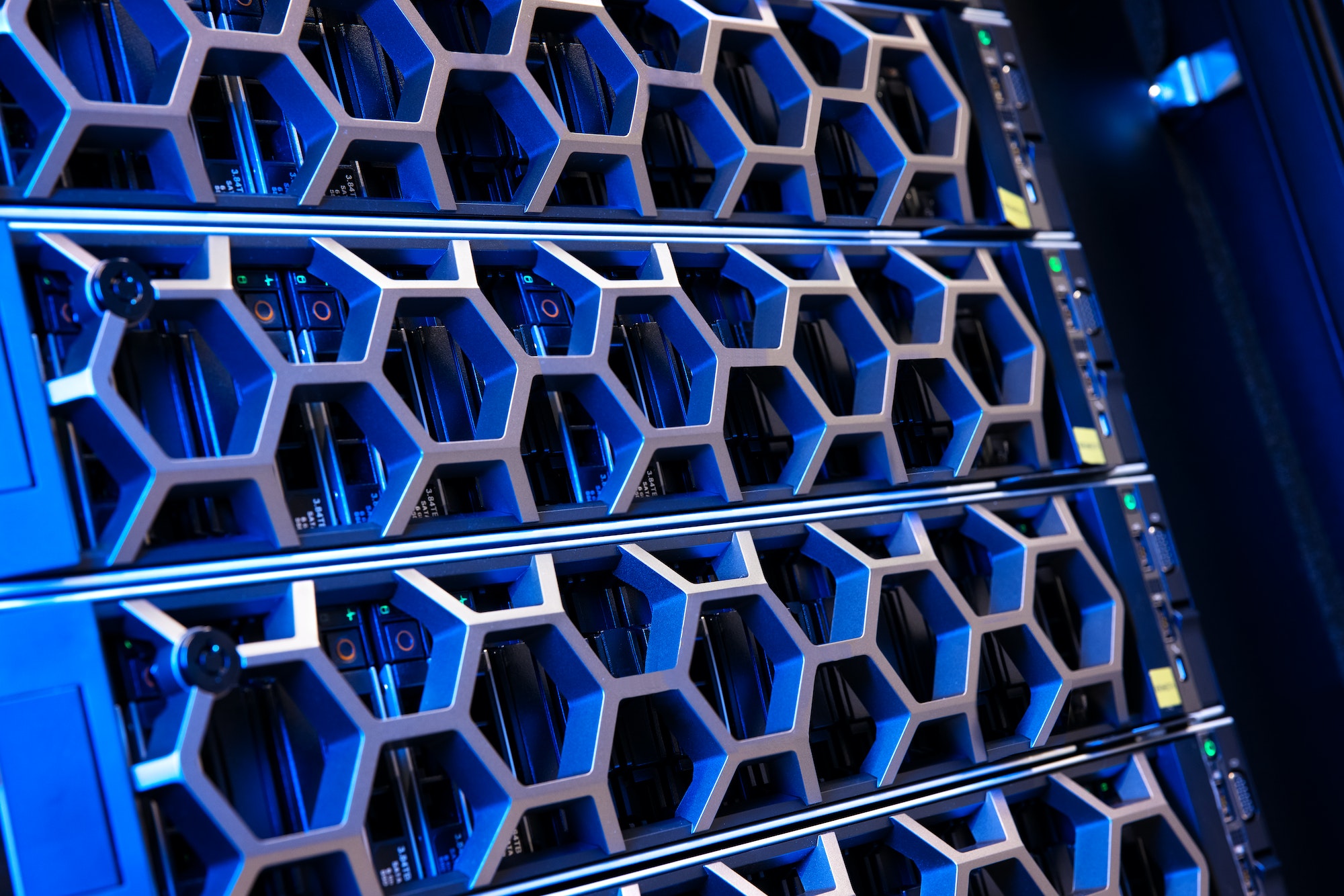 Illuminated Blue Server Hardware In Modern Datacenter