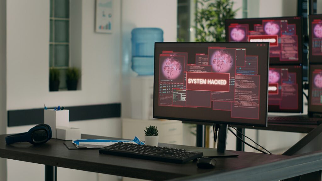 Computers displaying hacking attack alert and security breach