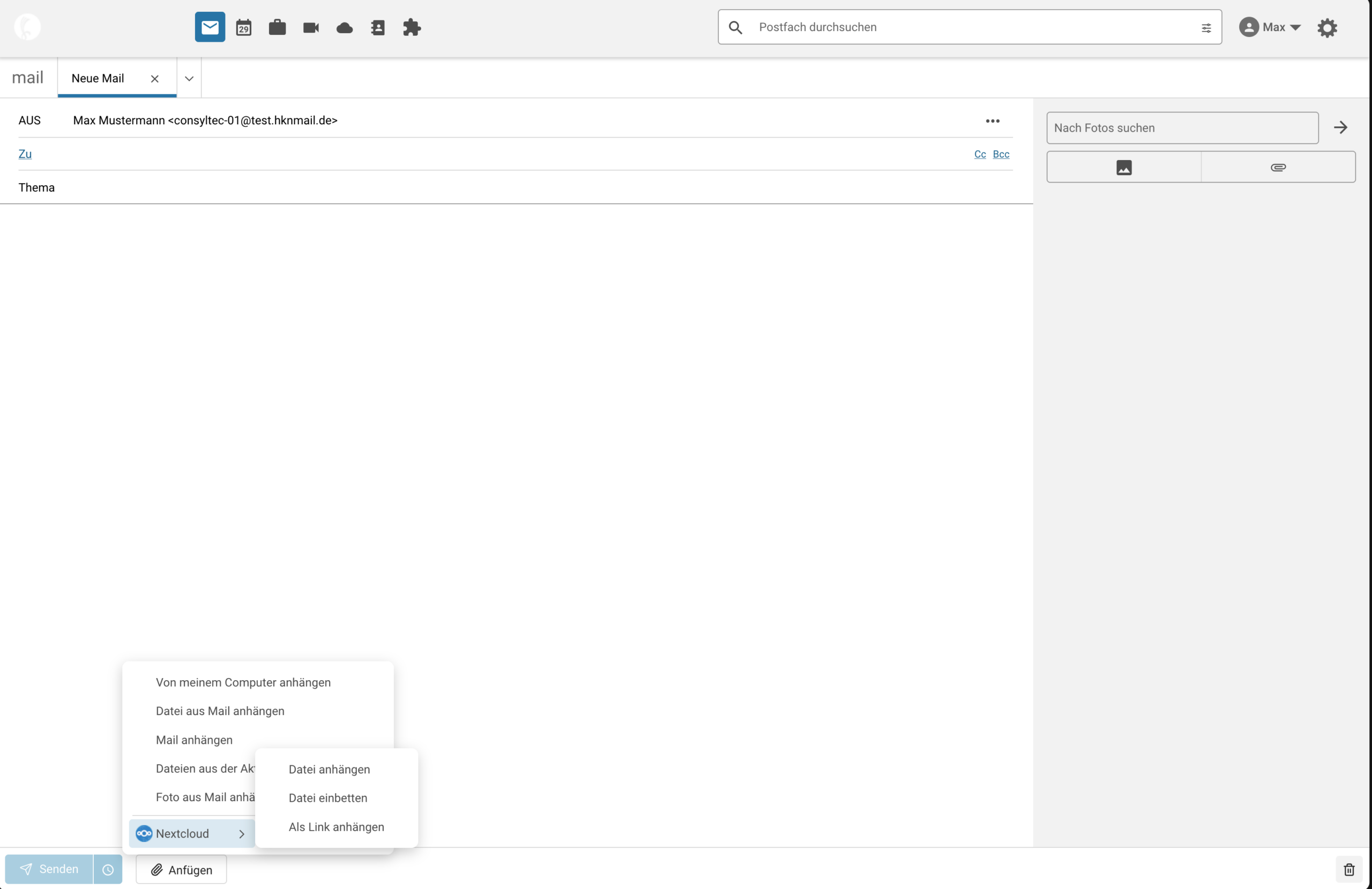 Zimbra Webmailer mit Nextcloud-Dateiauswahl beim Verfassen einer E-Mail