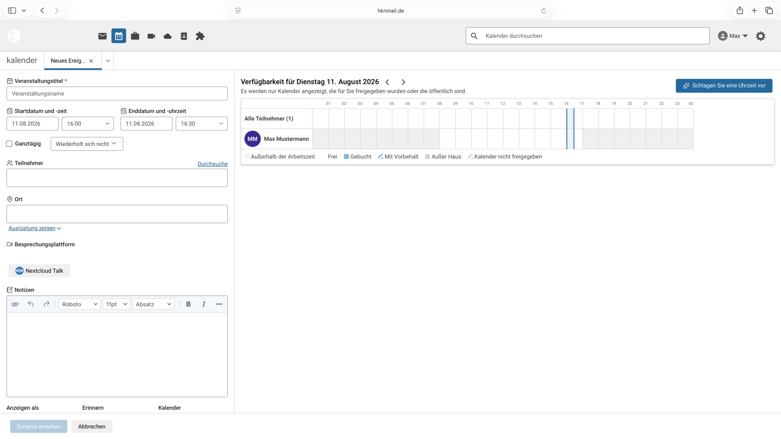 Termin im Zimbra-Kalender mit verknüpftem Nextcloud-Talk-Raum